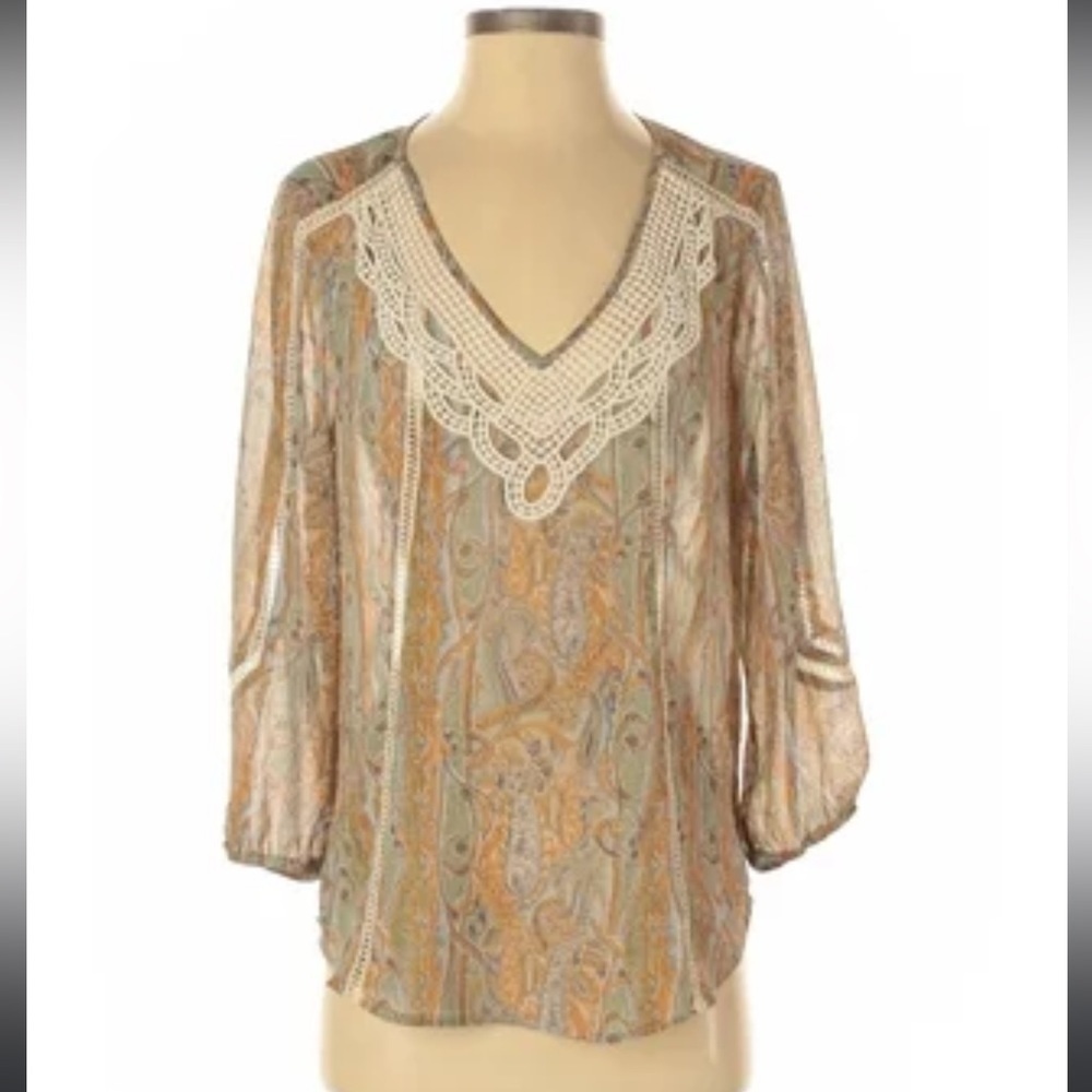 Anthropologie Meadow Rue Boho Sheer Embroidered Floral Paisley  Blouse top Sz L